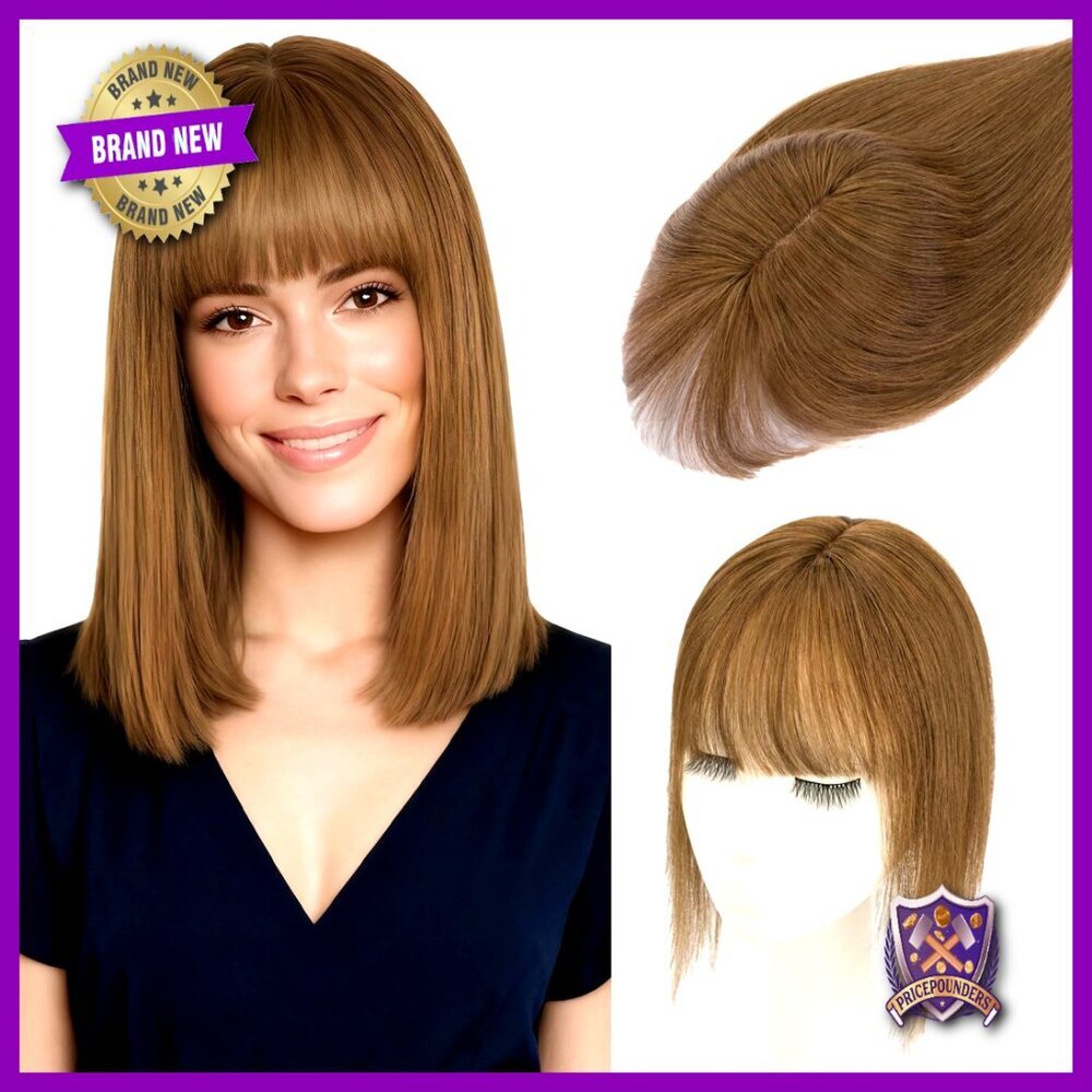 Human Hair Topper with Bangs Silk Base Clip-In for Thinning Volume